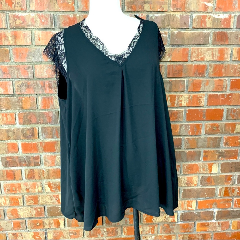 Meaneor Black Sleeveless Blouse with Lace Trim